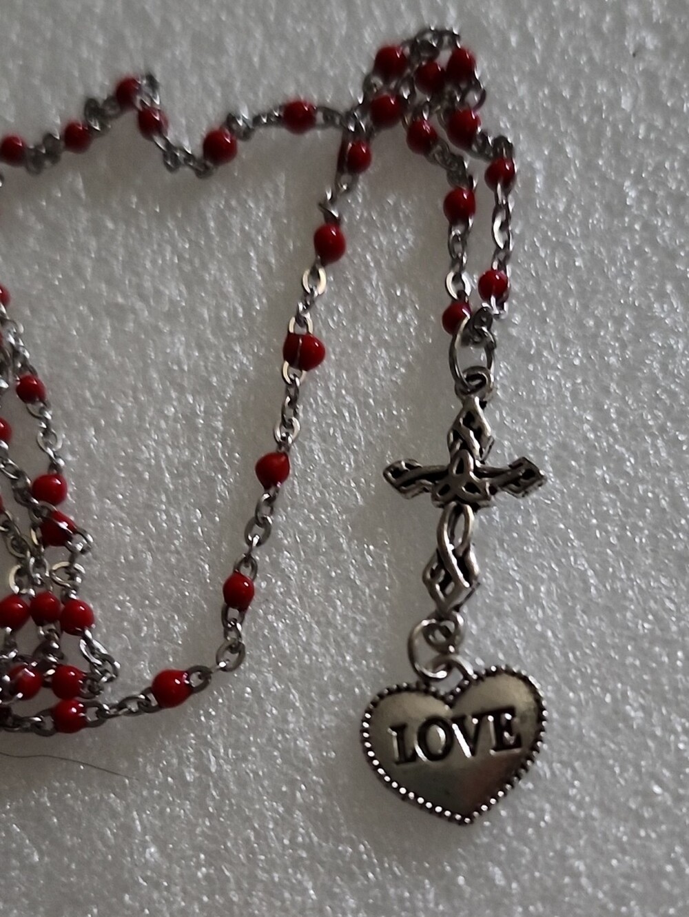 Hand Crafted Silver-Tone Cross with Red Beaded Chain and LOVE Heart Charm